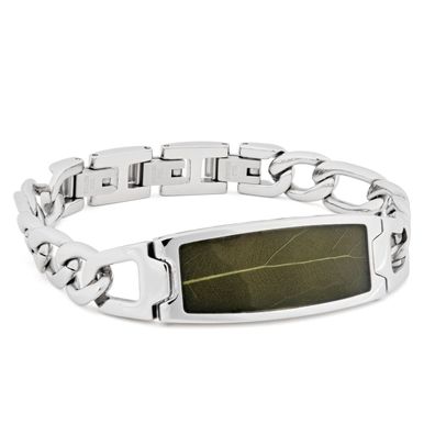 Holzkern Schmuck Herren-Armband Edelstahl Modulus Blatt Grün/Silberfarben