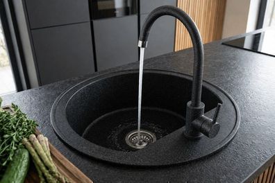 Küchenspüle rund Granit schwarz Einbauspüle Ø 51 cm Spülbecken Granitspüle