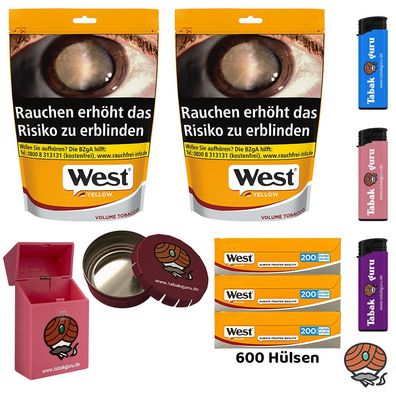 West Yellow Volumentabak Beutel 2x 145g, 600 Hülsen, Feuerzeuge, Ascher, Box