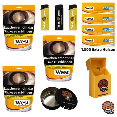 West Yellow Volumentabak Beutel 3x 145g, 1000 Hülsen, Feuerzeuge, Ascher, Box