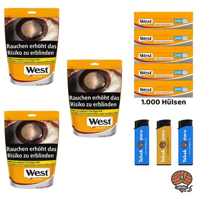 West Yellow Volumentabak Beutel 3x 145g, 1000 Hülsen + Feuerzeuge