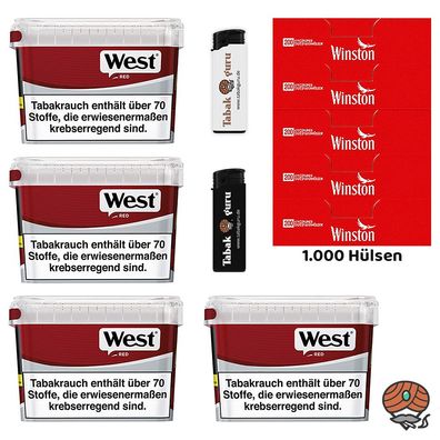 WEST Red Volumentabak Mega Box 4x 110g, 1000 Winston Hülsen, Feuerzeuge