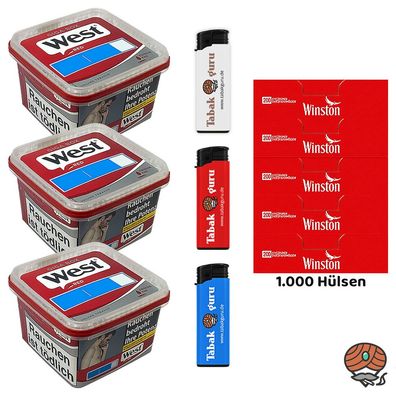 West Red Tabak/Volumentabak Giga Box 3x 160g, 1000 Winston Hülsen, Feuerzeuge