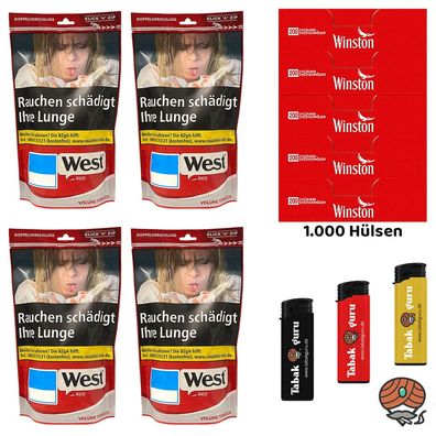 West Red/Rot Beutel Volumentabak 4x 95g, Winston Hülsen, Feuerzeuge