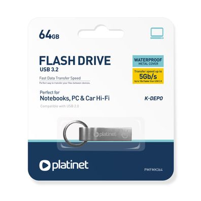 Platinet K-Depo USB 3.2 Stick 64 GB Metall wasserdicht mit Schlüsselring
