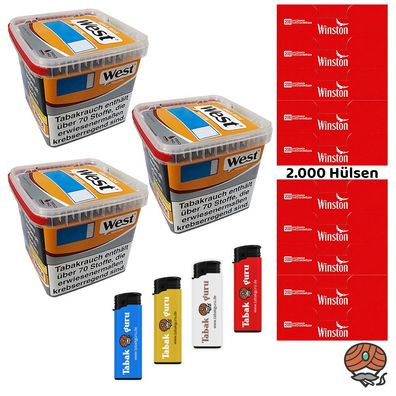 West Yellow Tabak / Stopftabak Box 3x 245g, 2000 Winston Hülsen, Feuerzeuge