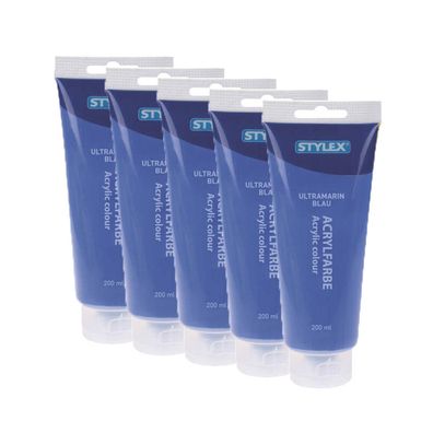 5x Acrylfarbe 200 ml STYLEX Acryl Farben Malfarbe Künstler blau Ultramarinblau