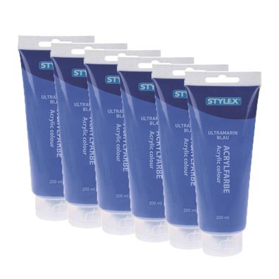 6x Acrylfarbe 200 ml STYLEX Acryl Farben Malfarbe Künstler blau Ultramarinblau