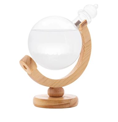 Wetterglas auf Holzsockel mit Kristallen, 20 cm hoch