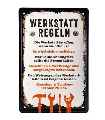 Blechschild Werkstatt-Regeln 20x30 cm Metall mit Bohrlöchern
