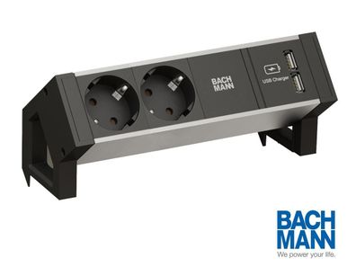 Bachmann DESK 2 ALU Black 2x Steckdose mit USB-Charger A/A (937.8001)