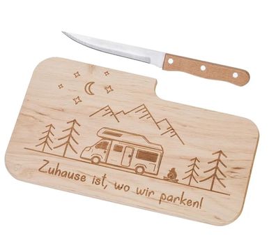 Schneidebrett 'Camping' mit Messer, Erlenholz, Gravur 26x15cm