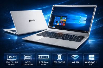 Difinity Notebook 15,6" Full-HD, Intel QuadCore, 256GB SSD, 8 GB RAM, Windows 11, Neu