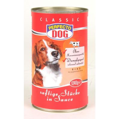 12x 1240g Pefecto Hundefutter Große Dosen Rind, saftige Stücke in Sauce