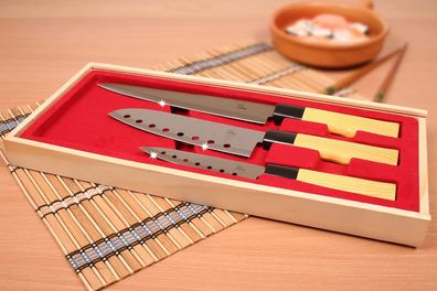 Asia Messer-Set 3tlg Sushi Holz-Etui rostfrei