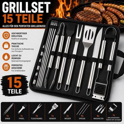 15-teiliges Grillbesteck-Set mit Tasche - Edelstahl Grillzange