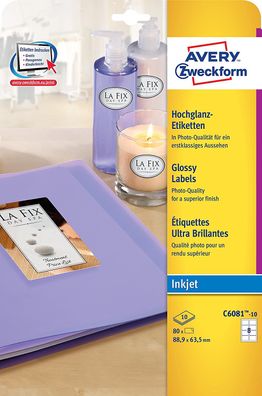 AVERY Zweckform C6081-10 Hochglanz-Etiketten (88,9x63,5mm auf DIN A4, bedruckbar mit