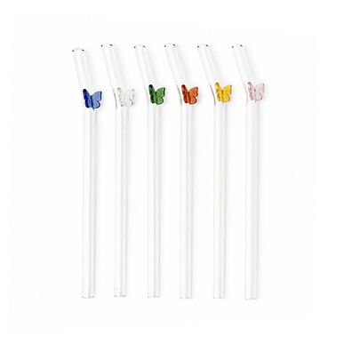 Glasstrohhalme, 20 cm, mit Reinigungsbürste, 6er Set - Schmetterling-Motiv