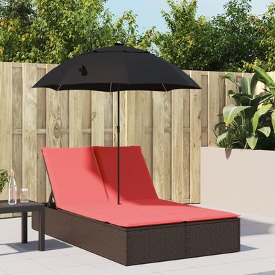 vidaXL Doppel-Sonnenliege mit Kissen & Sonnenschirm Braun Poly Rattan