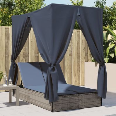 vidaXL Doppel-Sonnenliege mit Dach und Vorhängen Grau Poly Rattan