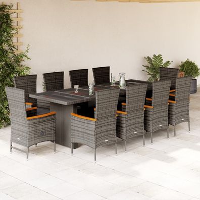 vidaXL 11-tlg. Garten-Essgruppe mit Kissen Grau Poly Rattan