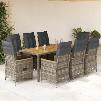 vidaXL 9-tlg. Garten-Essgruppe mit Kissen Grau Poly Rattan