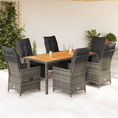 vidaXL 7-tlg. Garten-Essgruppe mit Kissen Grau Poly Rattan