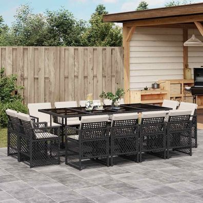 vidaXL 13-tlg. Garten-Essgruppe mit Kissen Schwarz Poly Rattan