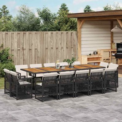 vidaXL 15-tlg. Garten-Essgruppe mit Kissen Schwarz Poly Rattan