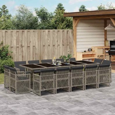 vidaXL 15-tlg. Garten-Essgruppe mit Kissen Grau Poly Rattan