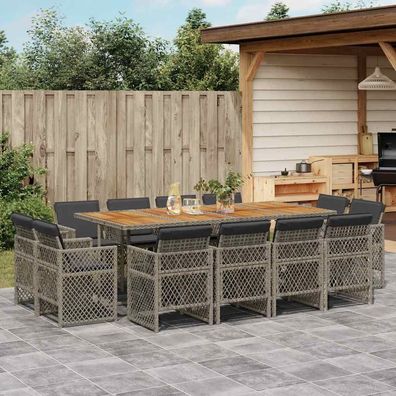 vidaXL 13-tlg. Garten-Essgruppe mit Kissen Grau Poly Rattan