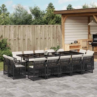 vidaXL 15-tlg. Garten-Essgruppe mit Kissen Schwarz Poly Rattan