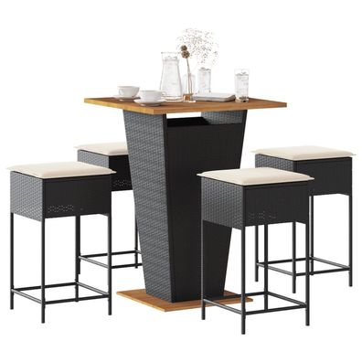 vidaXL 5-tlg. Gartenbar-Set mit Kissen Schwarz Poly Rattan