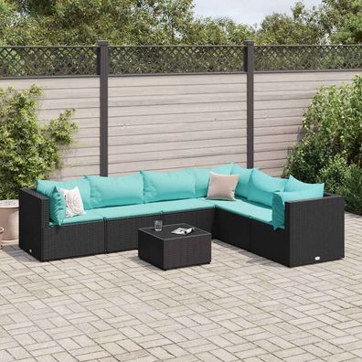 vidaXL 7-tlg. Garten-Lounge-Set mit Kissen Schwarz Poly Rattan