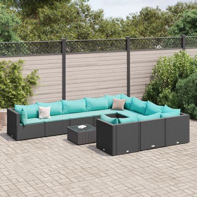 vidaXL 11-tlg. Garten-Sofagarnitur mit Kissen Schwarz Poly Rattan