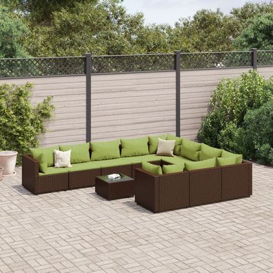 vidaXL 11-tlg. Garten-Sofagarnitur mit Kissen Braun Poly Rattan