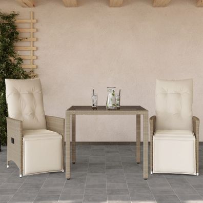 vidaXL 3-tlg. Garten-Bistro-Set mit Kissen Beige Poly Rattan