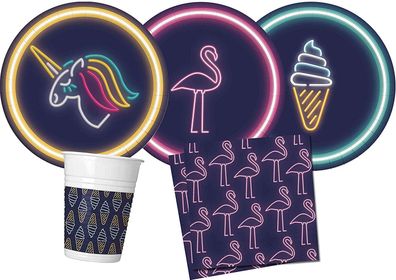 36-teiliges Party Set NEON Summer Sommer Fest Garten Ice Cream Flamingo Unicorn