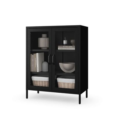 Jan Nowak kleiner Vitrinenschrank Kommode mit 2 Glastüren 80 x 101,5 x 40 cm, Schwarz
