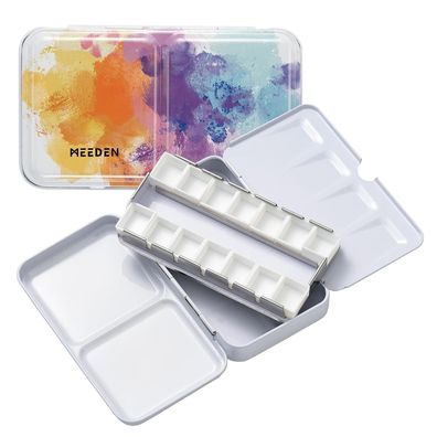 MEEDEN Aquarell Blechdose leer mit 12 Halbnäpfen Reisepalette zum Selbstbefüllen
