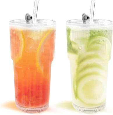 Eiskaffee Gläser 2er Set 600 ml mit Deckel & Strohhalm, transparente Glas Trinkgläser
