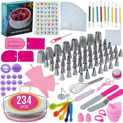 Tortendekorations Set 234 teilig mit 48 Edelstahl Spritztüllen Drehteller