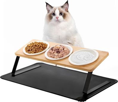 Katzennapf erhöht 3er Set Keramik Futternäpfe mit Holzhalter und rutschfester