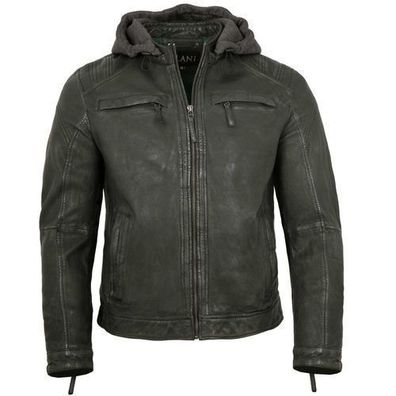 Jilani Collection - Herren Lederjacke Kapuze Lammnappa dunkelgrün