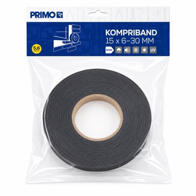 PRIMO Kompriband 15 x 6–30 mm | 5,6 m Rolle | Fugendichtband selbstklebend für