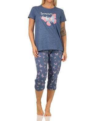Sommerlicher Damen kurzarm Capri Schlafanzug Pyjama mit Schmetterlingsmotiv