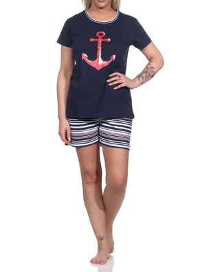 Damen Shorty Pyjama mit Anker-Motiv und gestreiften Shorts - 122 205 10 755