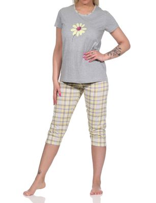 Damen Capri Schlafanzug Capri, Pyjama mit Front-Print und Karo Caprihose - 733