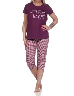 Damen Capri Pyjama, Schlafanzug mit Schriftzug und Karo-Hose - 112 204 10 734