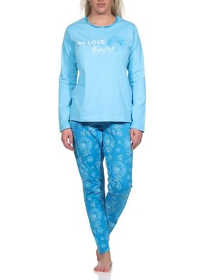 Verspielter Damen Pyjama lang, Schlafanzug mit floralem Muster